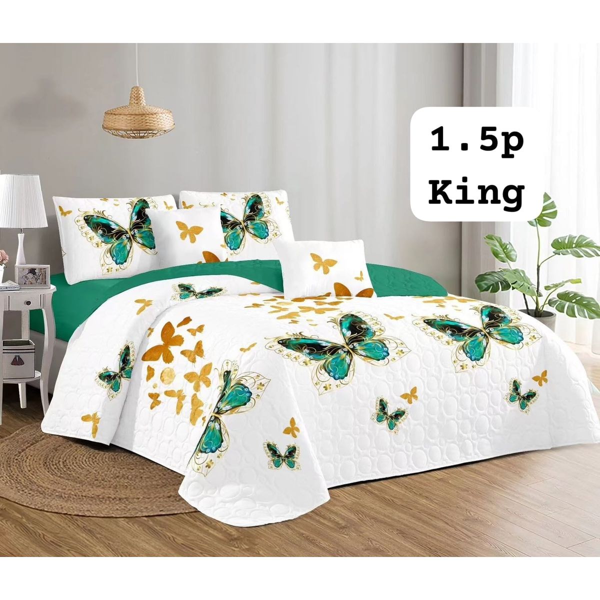 GENERICO - Cobertor Quilt de Verano 1,5 plaza - Blanco y Verde Mariposas