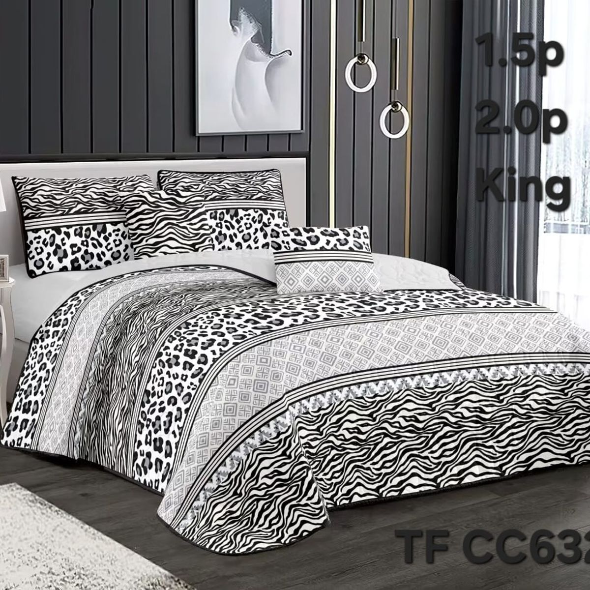 GENERICO - Cobertor Quilt de Verano 1,5 plaza - Blanco y Negro Animal Print