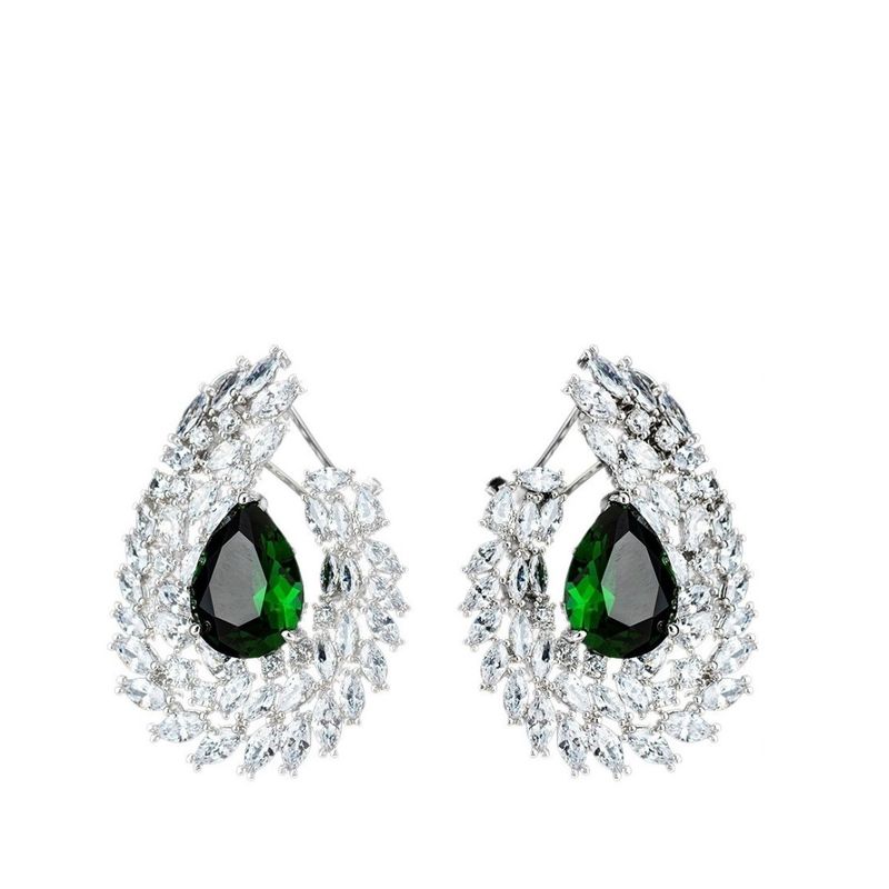 VANE COLLECTION - Aros mujer fino fino drop esmeralda baño de rodio circon broche omega