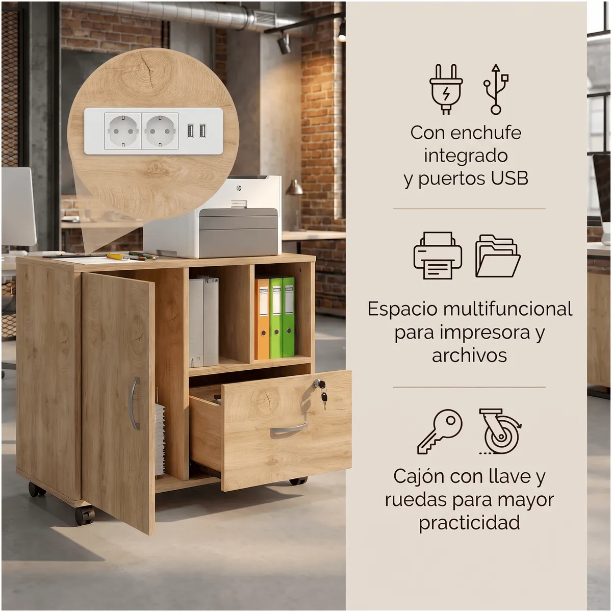 HOMER DESIGN - Mueble De Oficina Archivador Con Llave Con Rueda Con Enchufe