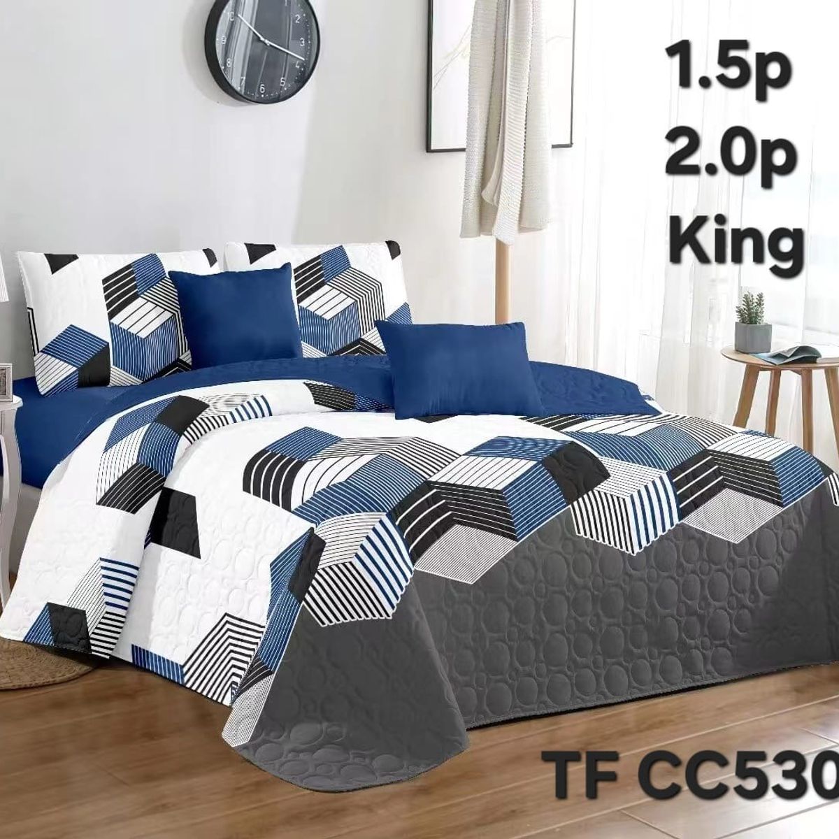 GENERICO - Cobertor Quilt de Verano 1,5 plaza - Diseños Azul y Gris