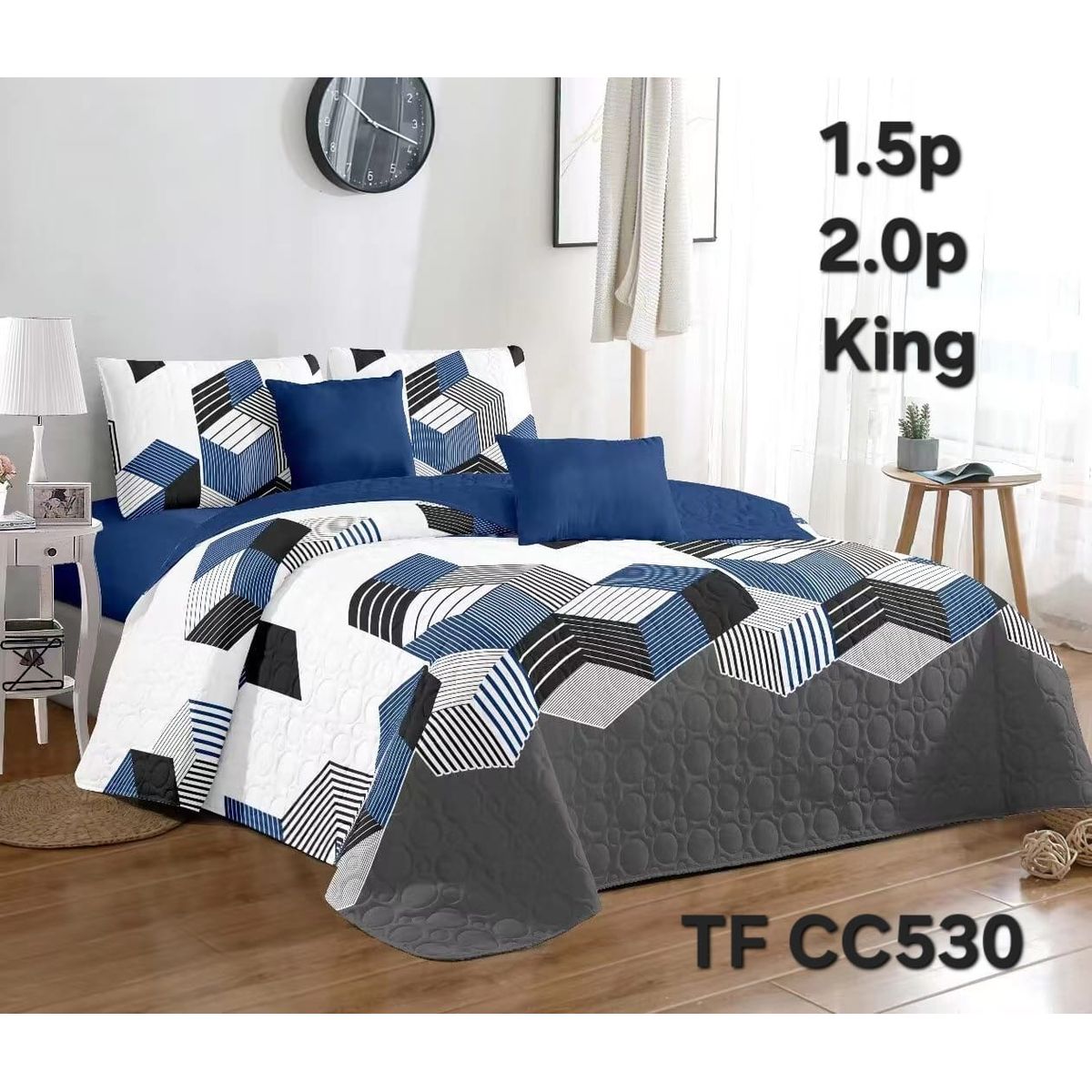 GENERICO - Cobertor Quilt de Verano 1,5 plaza - Diseños Azul y Gris