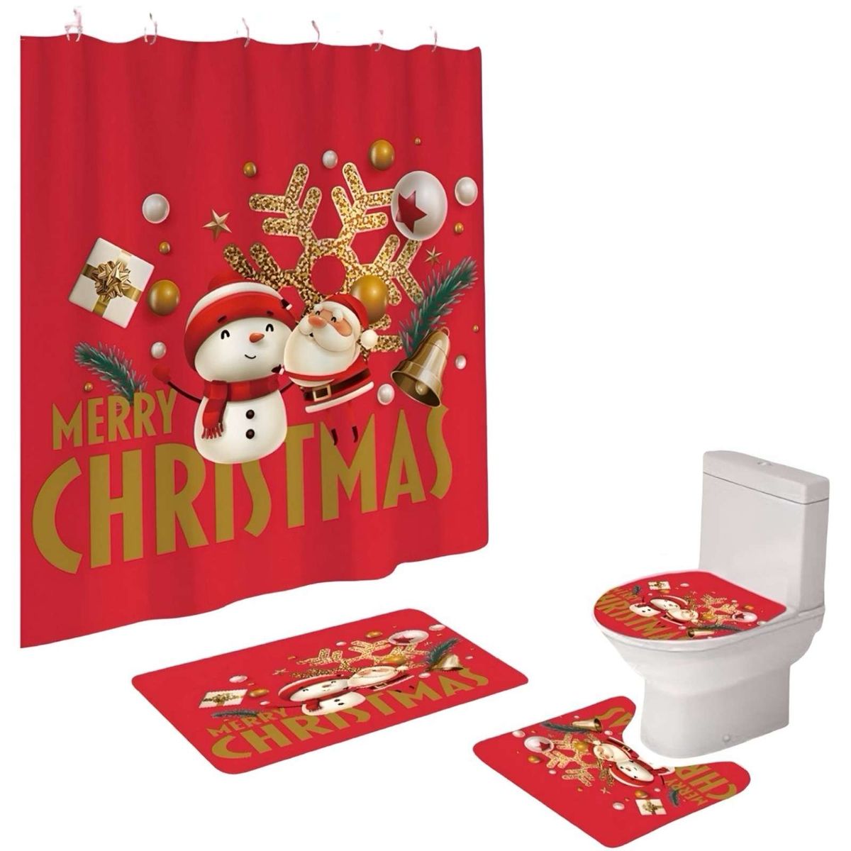 GENERICO - JUEGO 4 PIEZAS CORTINA DE BAÑO Y ALFOMBRAS DISEÑO NAVIDEÑO TF03