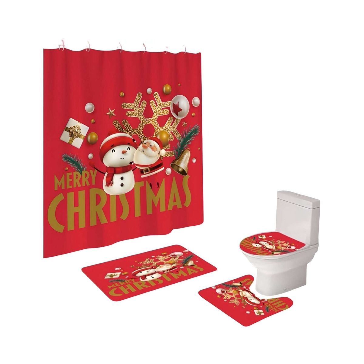 GENERICO - JUEGO 4 PIEZAS CORTINA DE BAÑO Y ALFOMBRAS DISEÑO NAVIDEÑO TF03