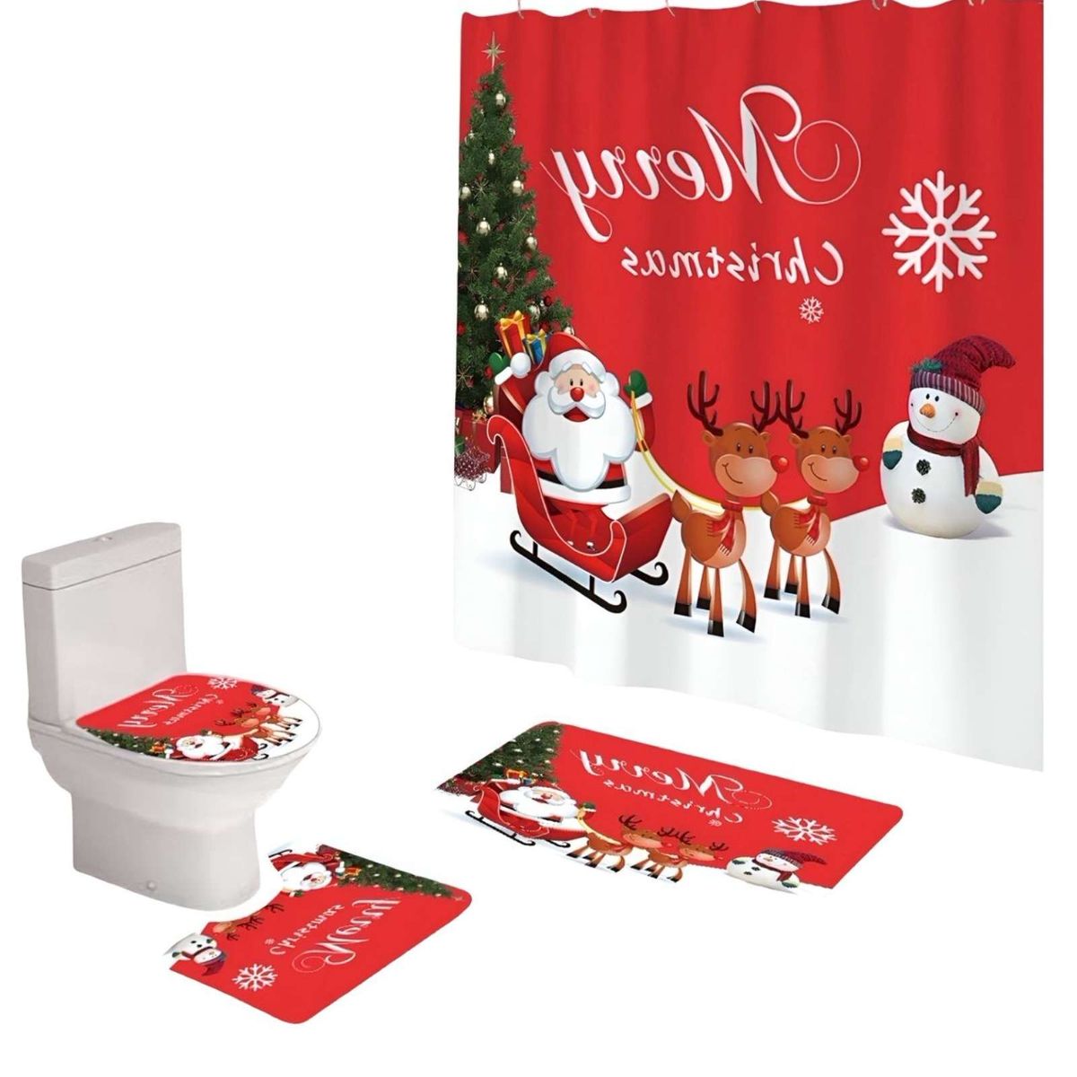 GENERICO - JUEGO 4 PIEZAS CORTINA DE BAÑO Y ALFOMBRAS DISEÑO NAVIDEÑO TF07