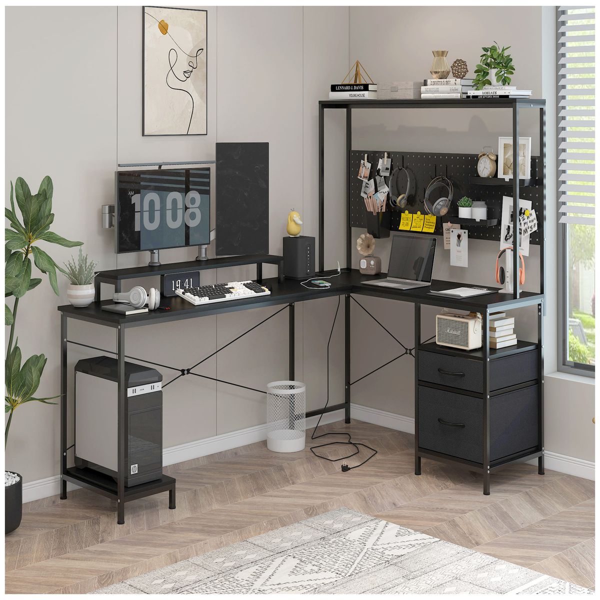 HOMER DESIGN - Escritorio Homeoffice Esquinero Convertible Con Estantería con enchufe