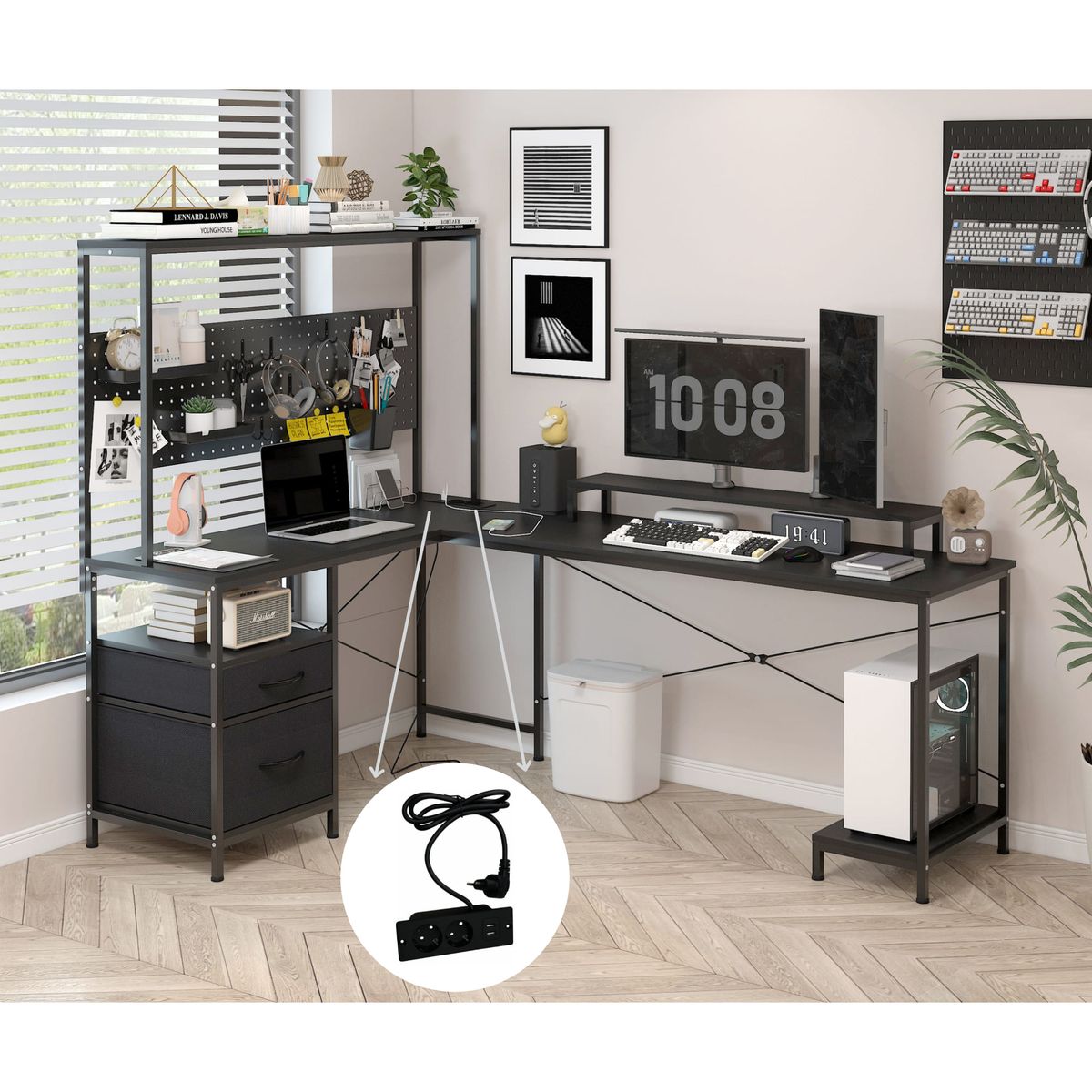 HOMER DESIGN - Escritorio Homeoffice Esquinero Convertible Con Estantería con enchufe