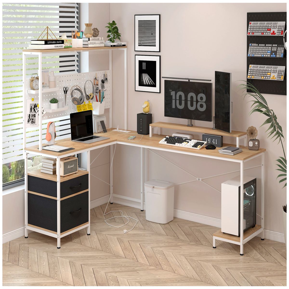 HOMER DESIGN - Escritorio Homeoffice Esquinero Convertible Con Estantería con enchufe