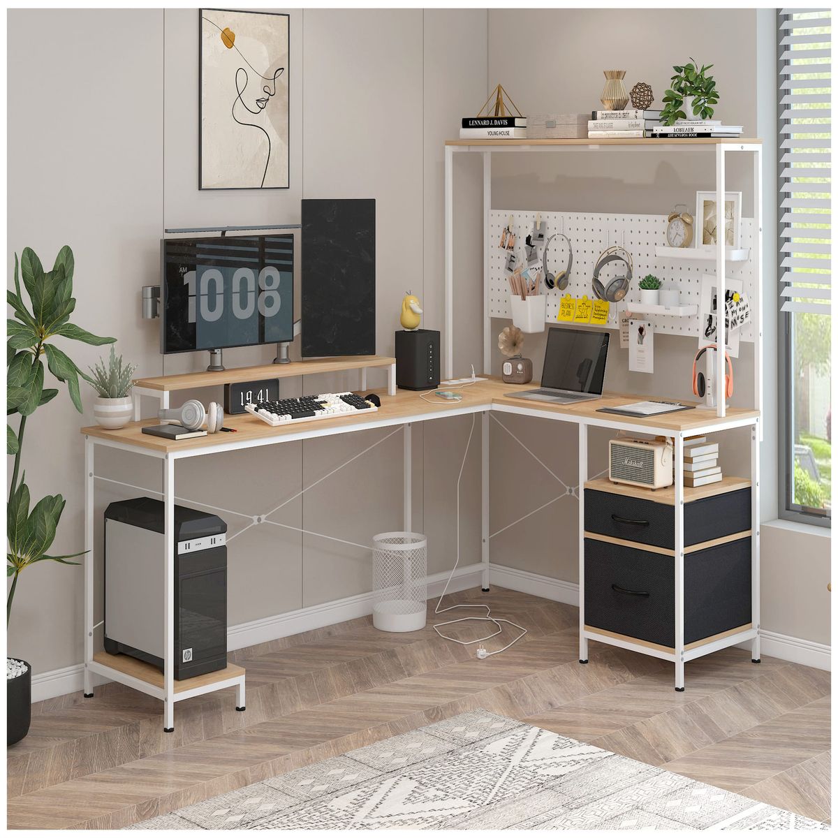 HOMER DESIGN - Escritorio Homeoffice Esquinero Convertible Con Estantería con enchufe