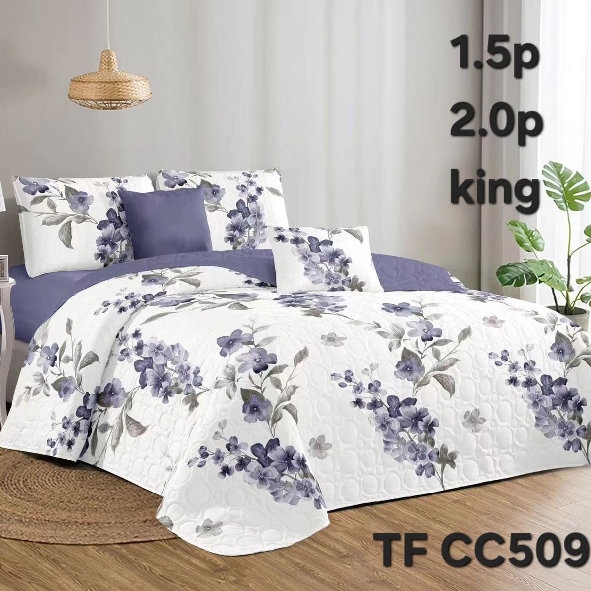 GENERICO - Cobertor Quilt de Verano 1,5 plaza - Blanco Floreado