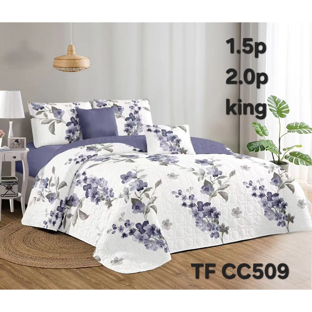 GENERICO - Cobertor Quilt de Verano 1,5 plaza - Blanco Floreado