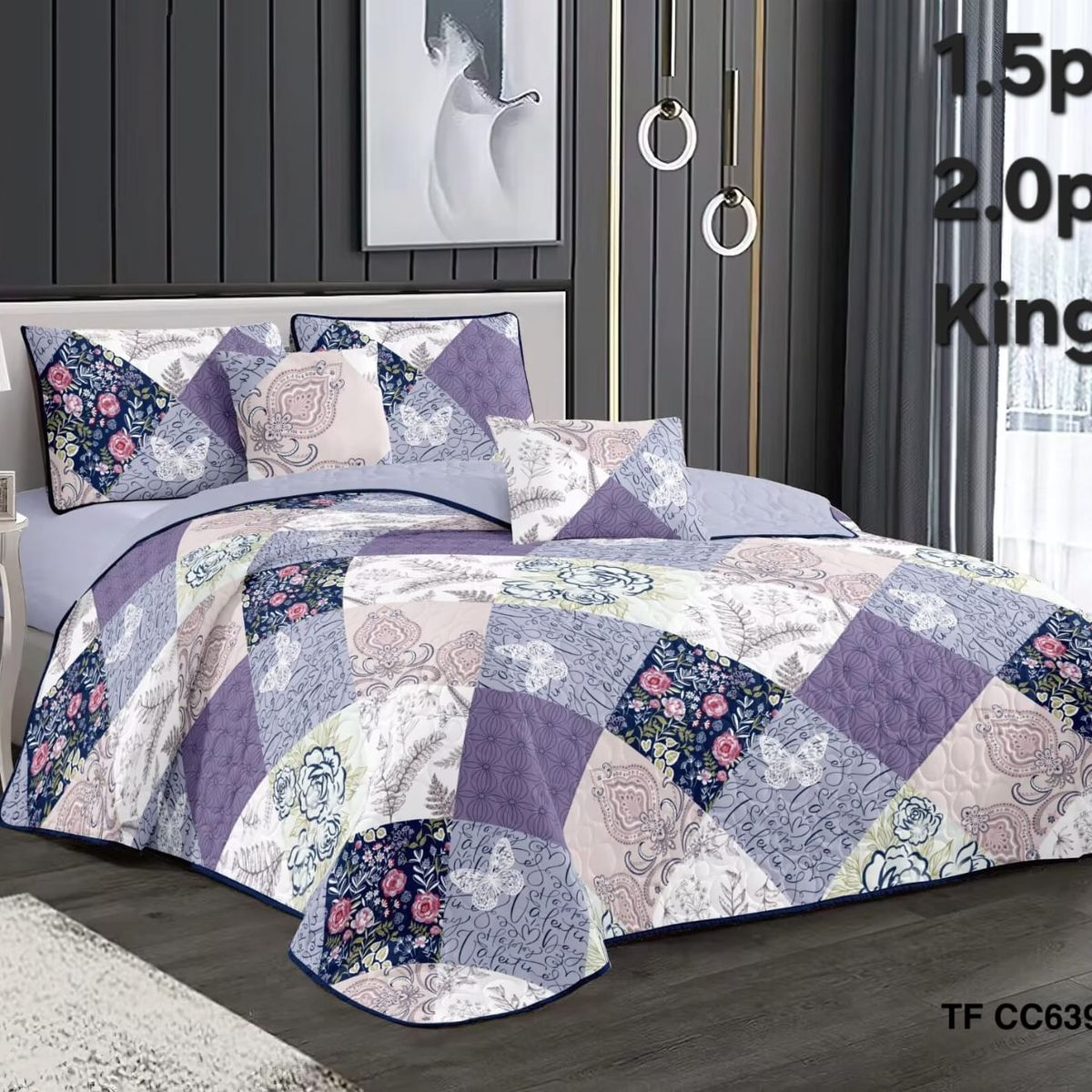 GENERICO - Cobertor Quilt de Verano 1,5 plaza - Diseño Lila Floreado