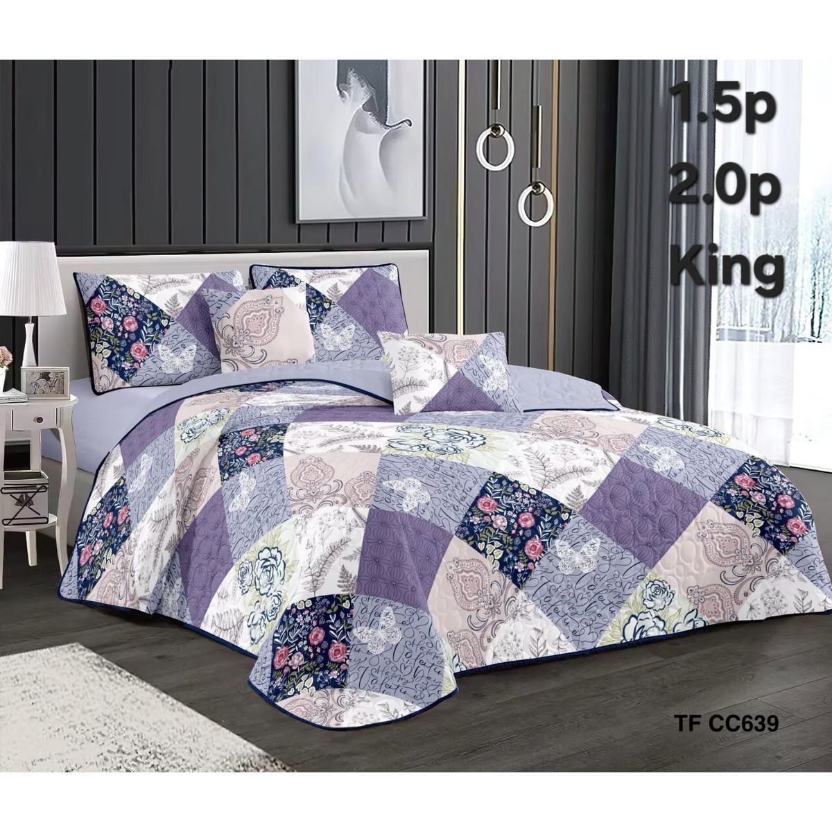 GENERICO - Cobertor Quilt de Verano 1,5 plaza - Diseño Lila Floreado