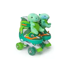 GENERICO - SET PATIN 4 RUEDAS DINOPATIN CON PELUCHE VERDE TALLA XS 27-30
