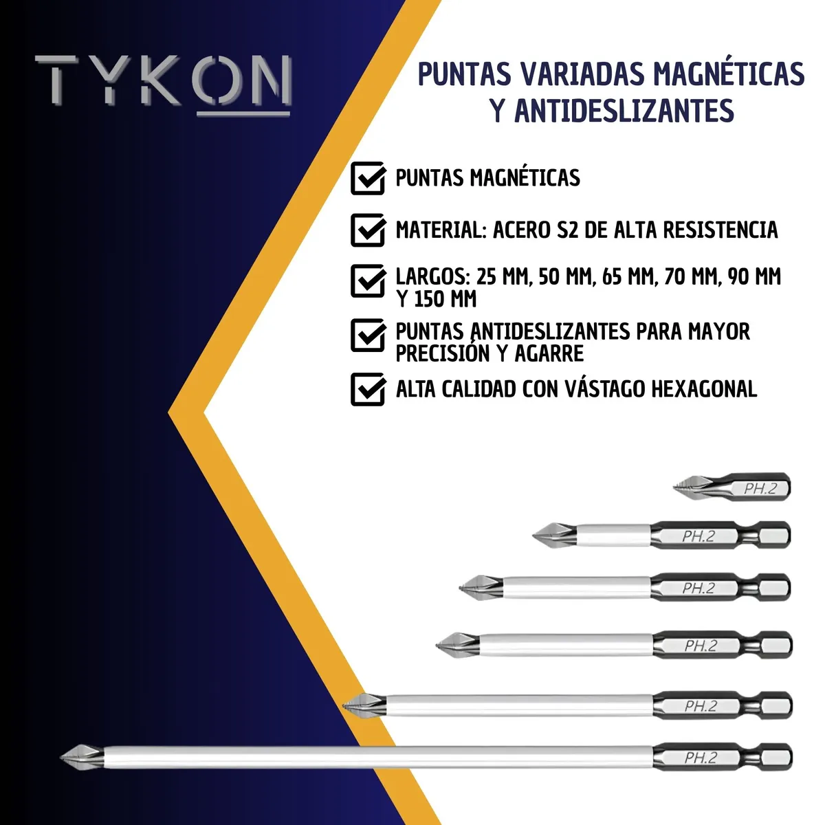 TYKON - Puntas Phillips PH2 Variadas Magnetizadas de Impacto