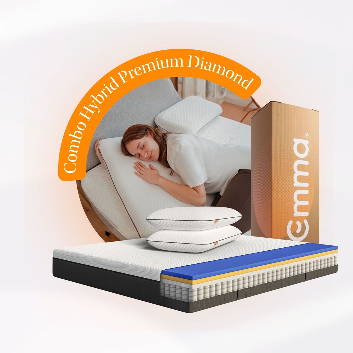 EMMA - Combo Hybrid Premium 1 Plaza + 2 Almohadas Diamond Memory Foam