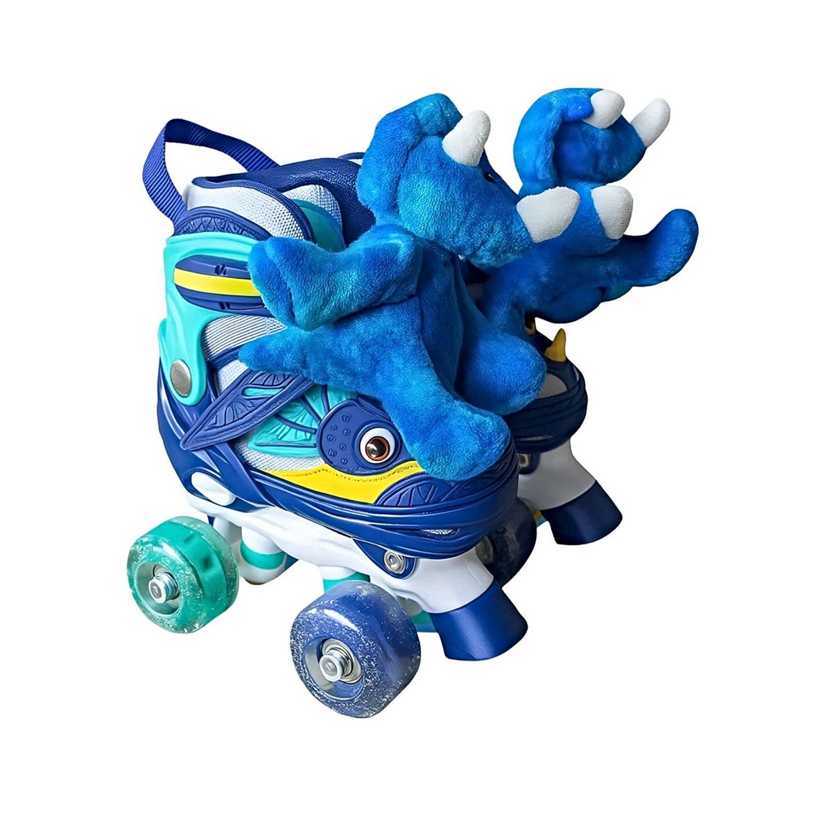 GENERICO - SET PATIN 4 RUEDAS DINOPATIN CON PELUCHE AZUL TALLA S 30-33