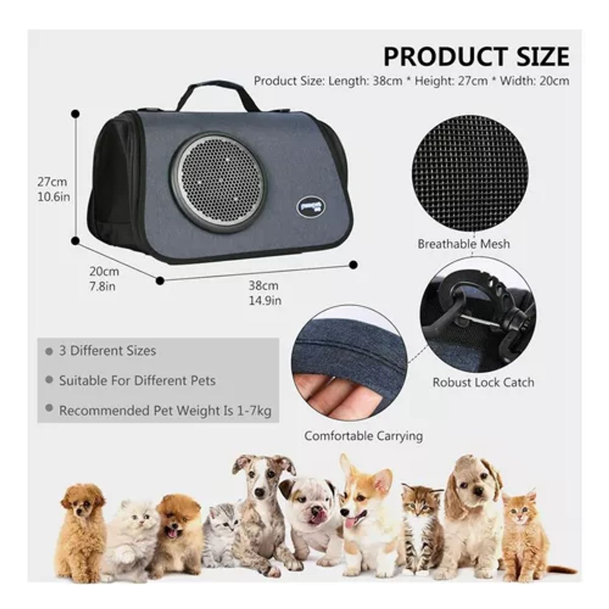 GENERICO - Bolso transporte cápsula mascotas malla transpirable gris
