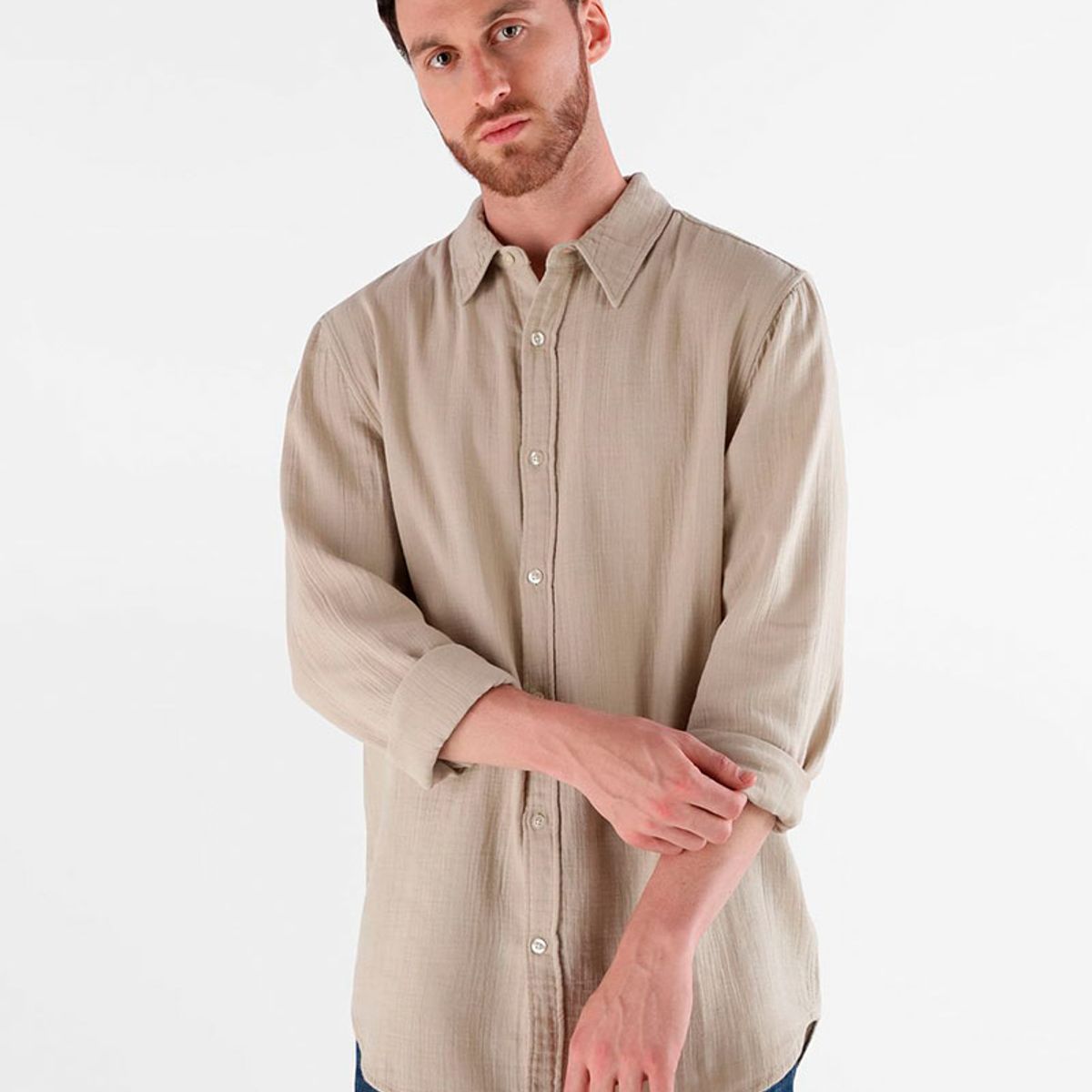 GUESS - Camisa Ls Double Cloth Beige