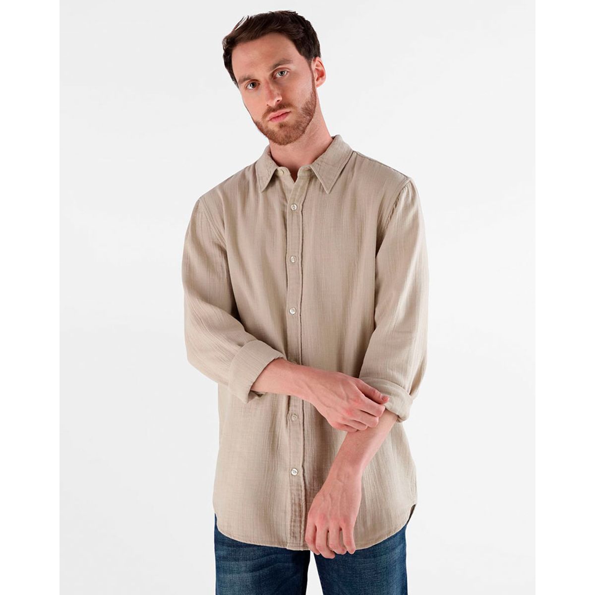 GUESS - Camisa Ls Double Cloth Beige
