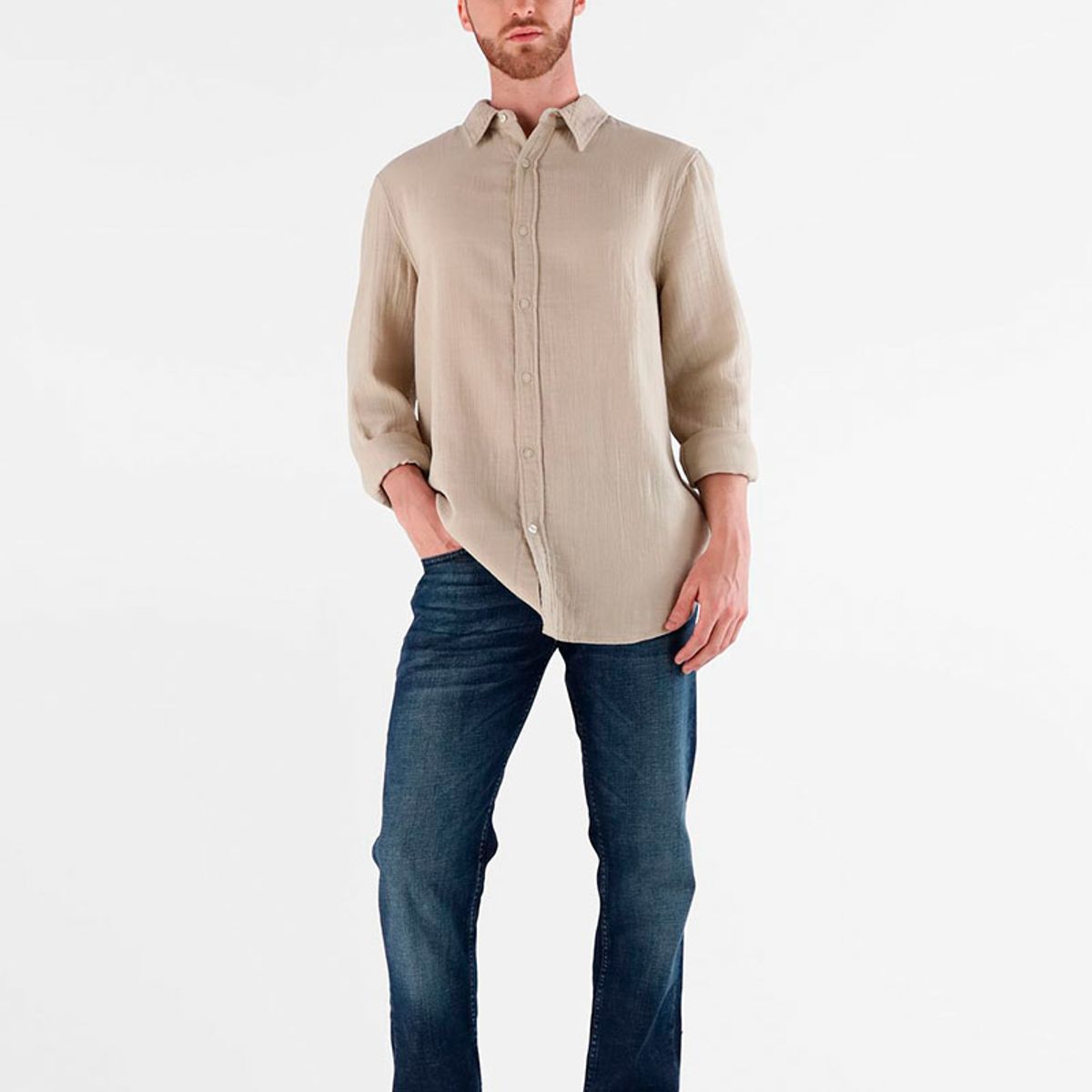 GUESS - Camisa Ls Double Cloth Beige