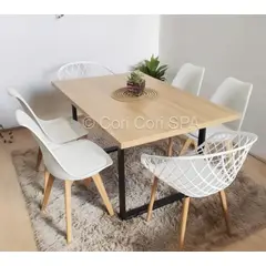 CORI CORI - Comedor Industrial 140x90cm + 4 Sillas Tulip + 2 Butacas Mesh Blanco