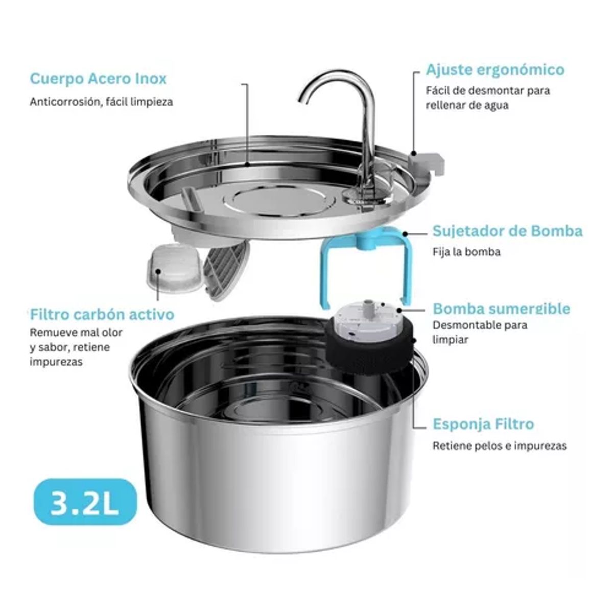 GENERICO - Fuente de agua para gatos acero inoxidable llave silenciosa