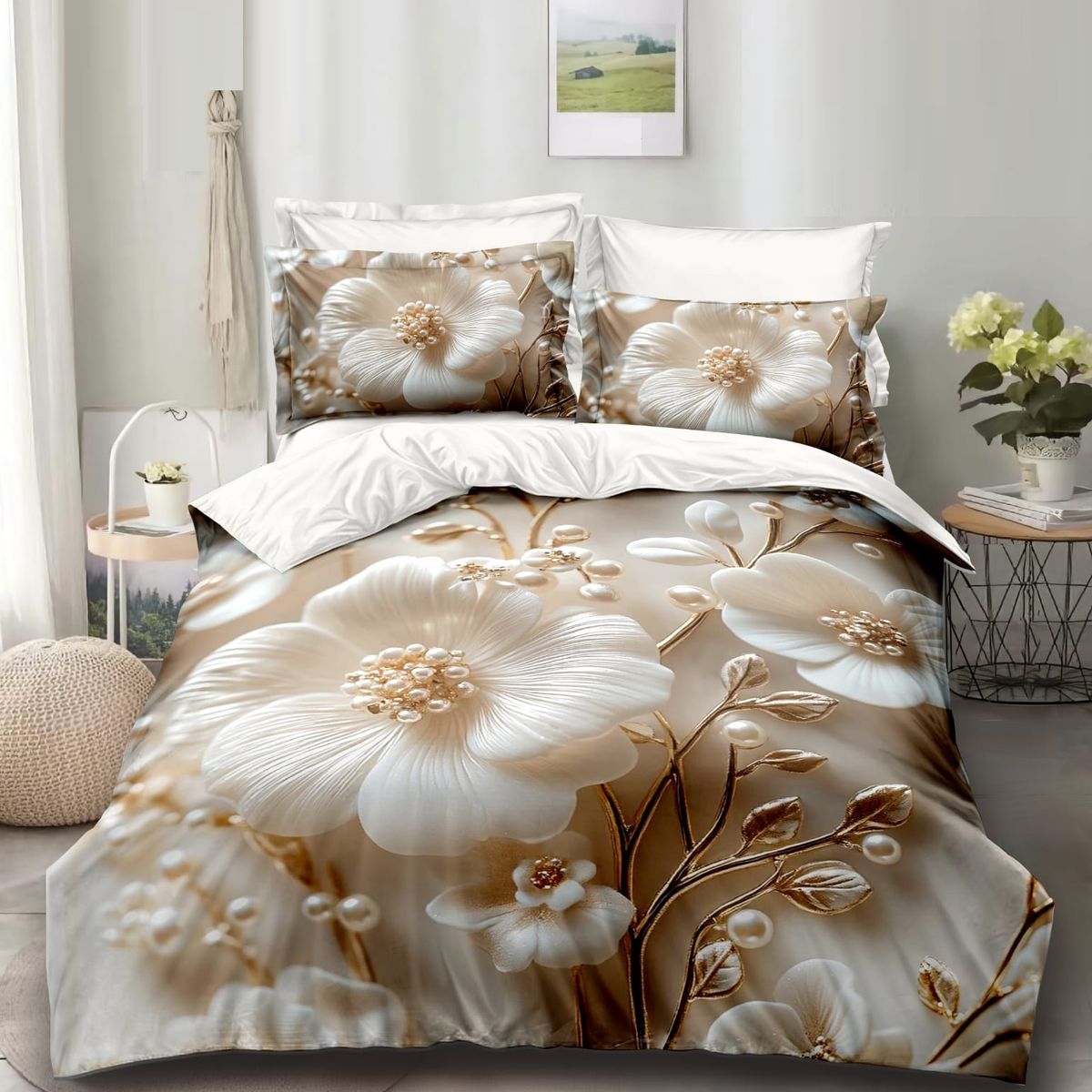 GENERICO - CUBRECAMA QUILT DISEÑO 5D ESTAMPADO DE FLOR DORADA TF