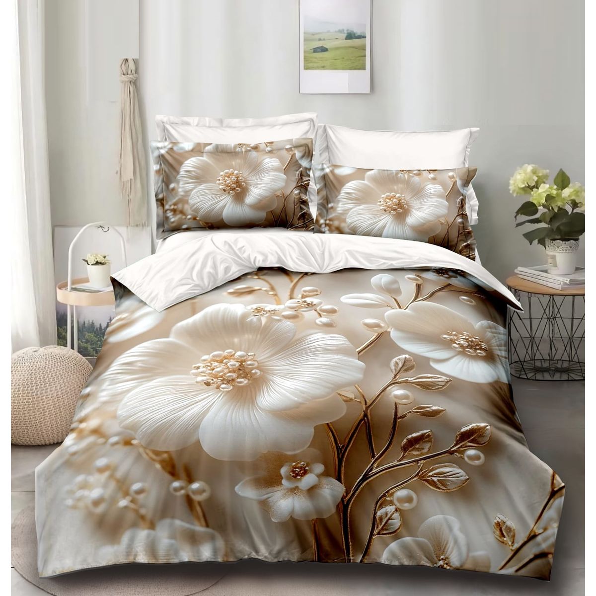 GENERICO - CUBRECAMA QUILT DISEÑO 5D ESTAMPADO DE FLOR DORADA TF
