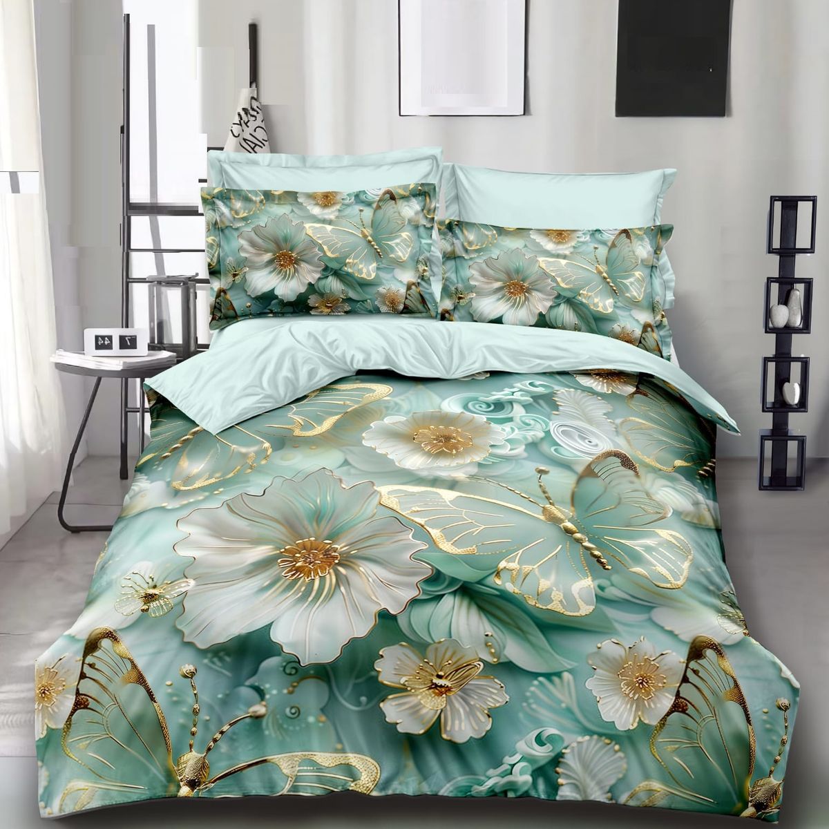 GENERICO - CUBRECAMA QUILT DISEÑO 5D ESTAMPADO VERDE FLOR MARIPOSA TF
