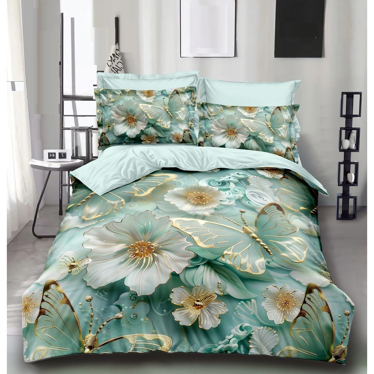 GENERICO - CUBRECAMA QUILT DISEÑO 5D ESTAMPADO VERDE FLOR MARIPOSA TF