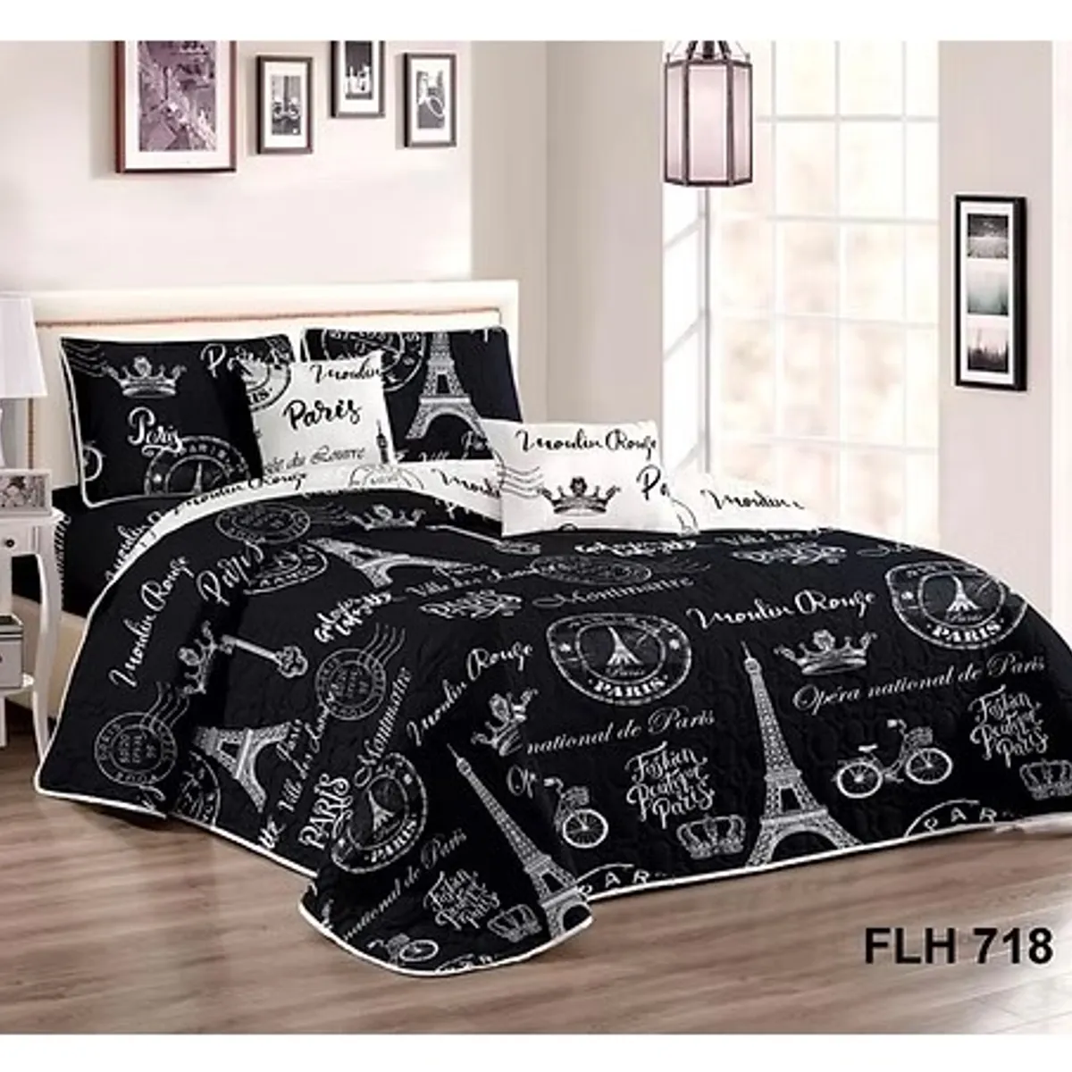 GENERICO - Cobertor Quilt de Verano 1,5 plaza - Diseño Paris Negro