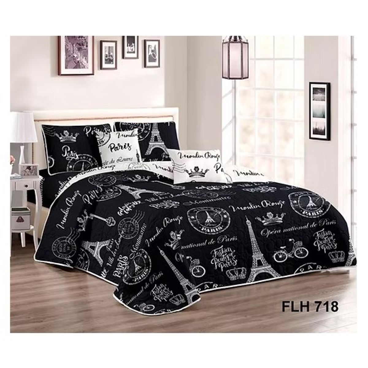 GENERICO - Cobertor Quilt de Verano 1,5 plaza - Diseño Paris Negro
