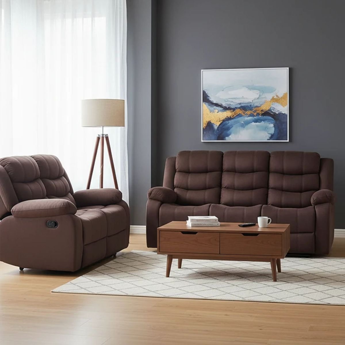 DANIELS - Living Reclinable Sofá 3 Cuerpos + Sofá 2 Cuerpos Café Oscuro Norman