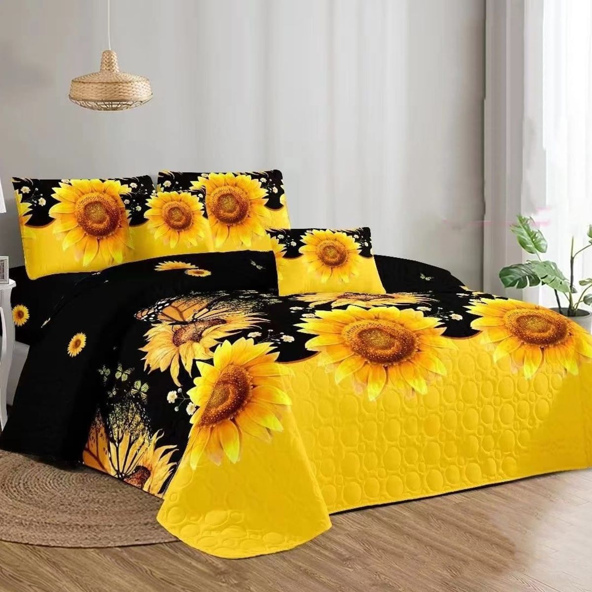 GENERICO - CUBRECAMA DE VERANO 2 PLAZA DISEÑO NEGRO GIRASOL TF_.