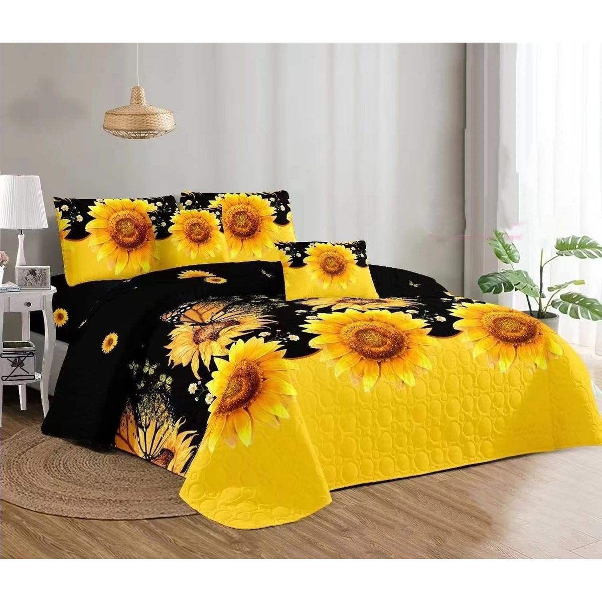 GENERICO - CUBRECAMA DE VERANO 2 PLAZA DISEÑO NEGRO GIRASOL TF_.
