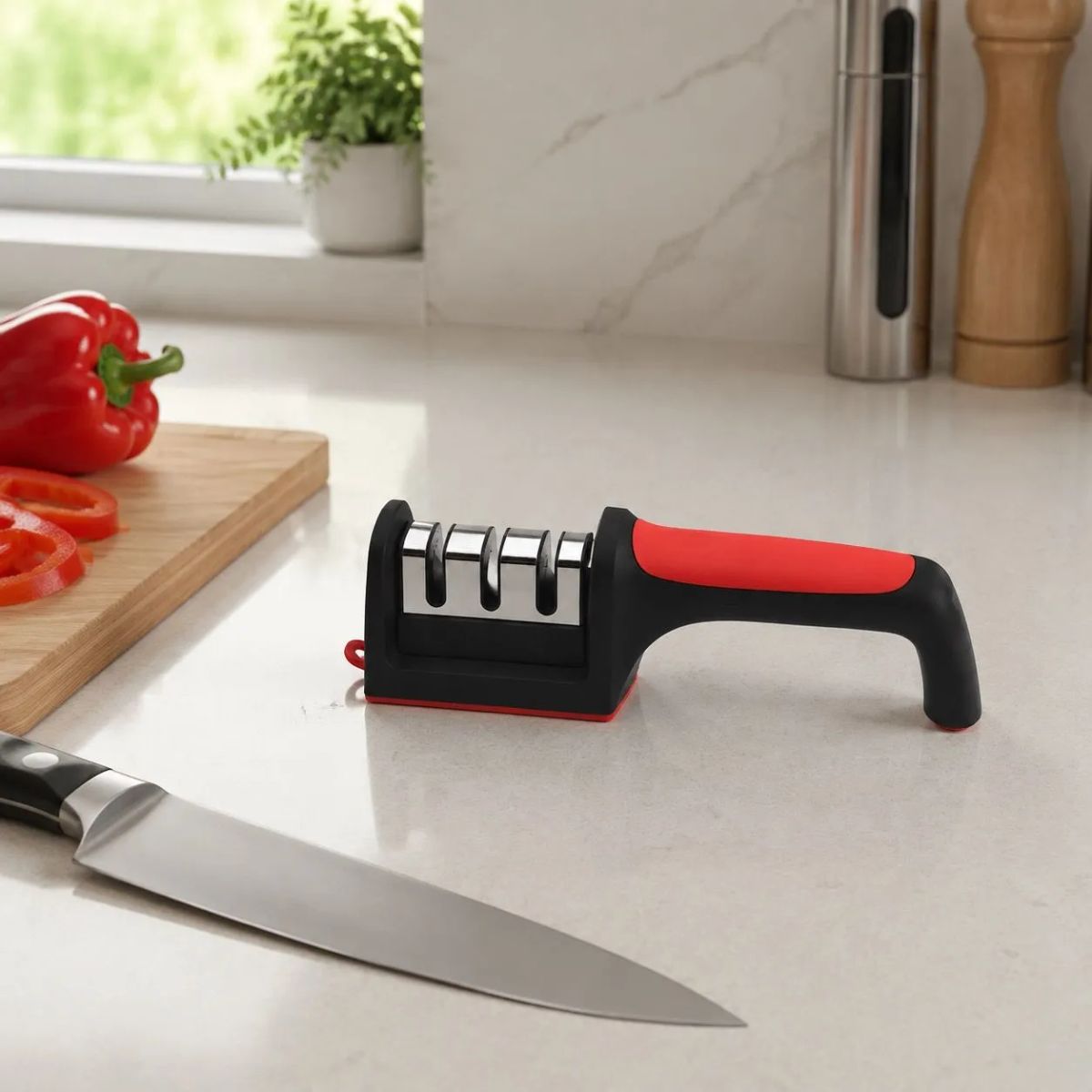 HOMESTAR - Afilador de cuchillos manual de 3 etapas con mango ergonómico negro y rojo