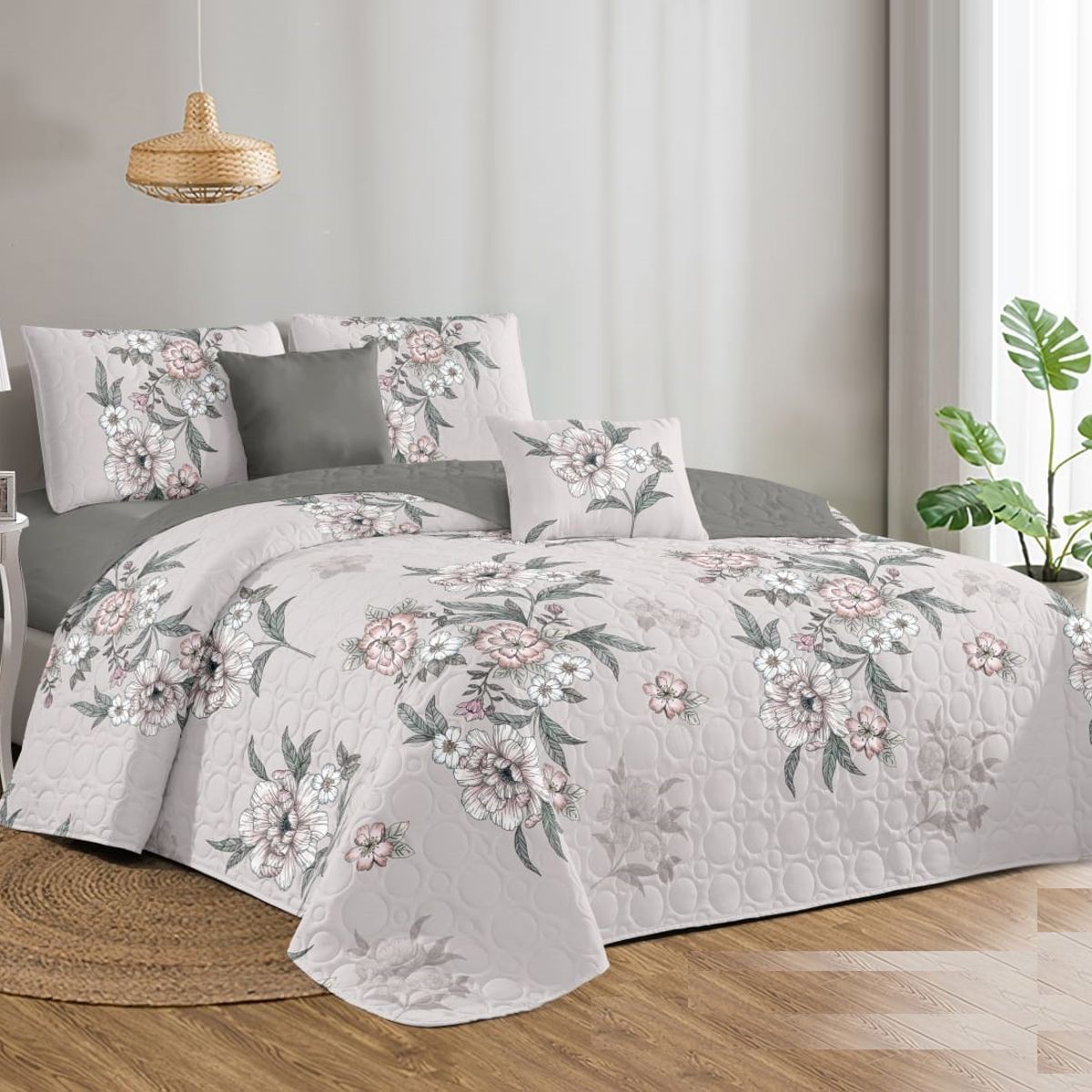 GENERICO - CUBRECAMA 2 PLAZA DISEÑO ELEGANTE GRIS FLORES DE VERANO TF