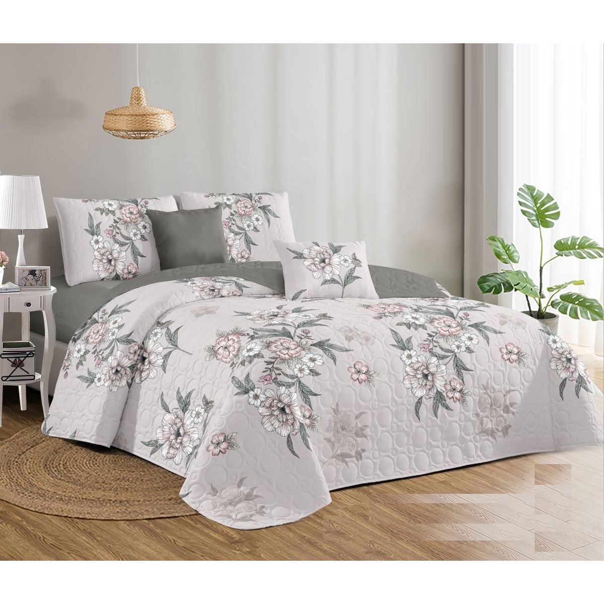 GENERICO - CUBRECAMA 2 PLAZA DISEÑO ELEGANTE GRIS FLORES DE VERANO TF