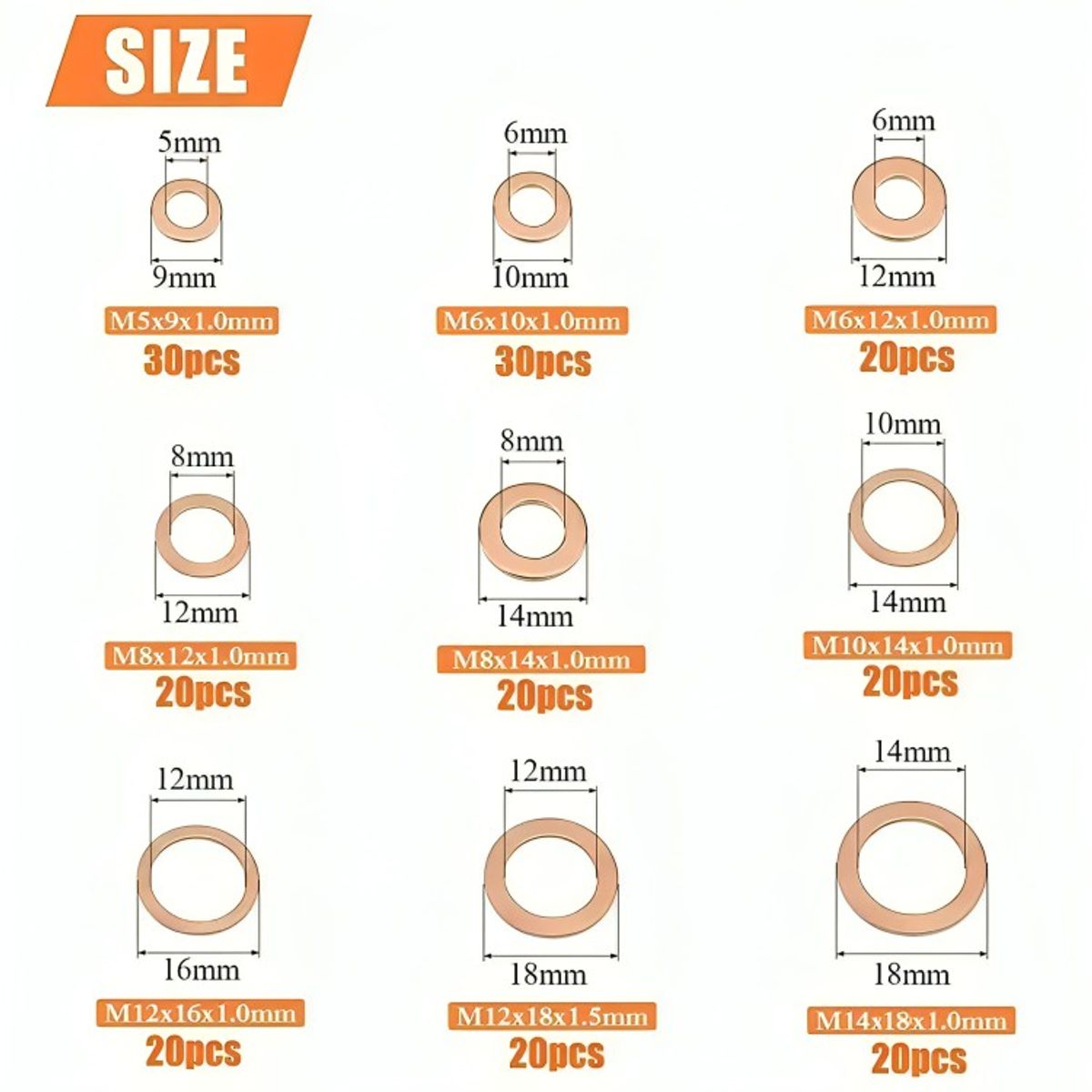 GENERICO - Set 200 Pcs De Arandelas O Sellos De Cobre Diferente Medida