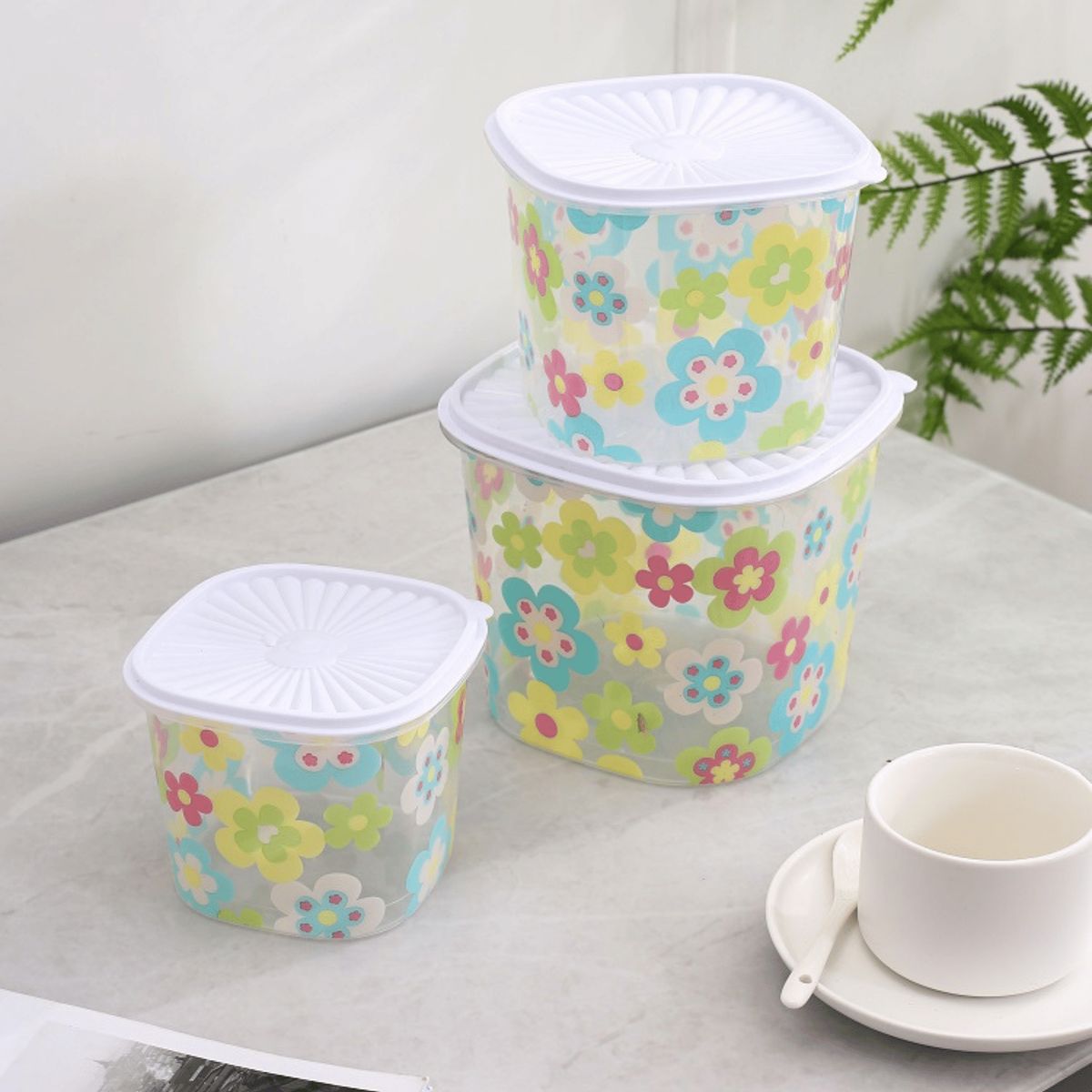 HOMESTAR - Contenedor Plástico Cuadrado con Tapa - Diseño Floral