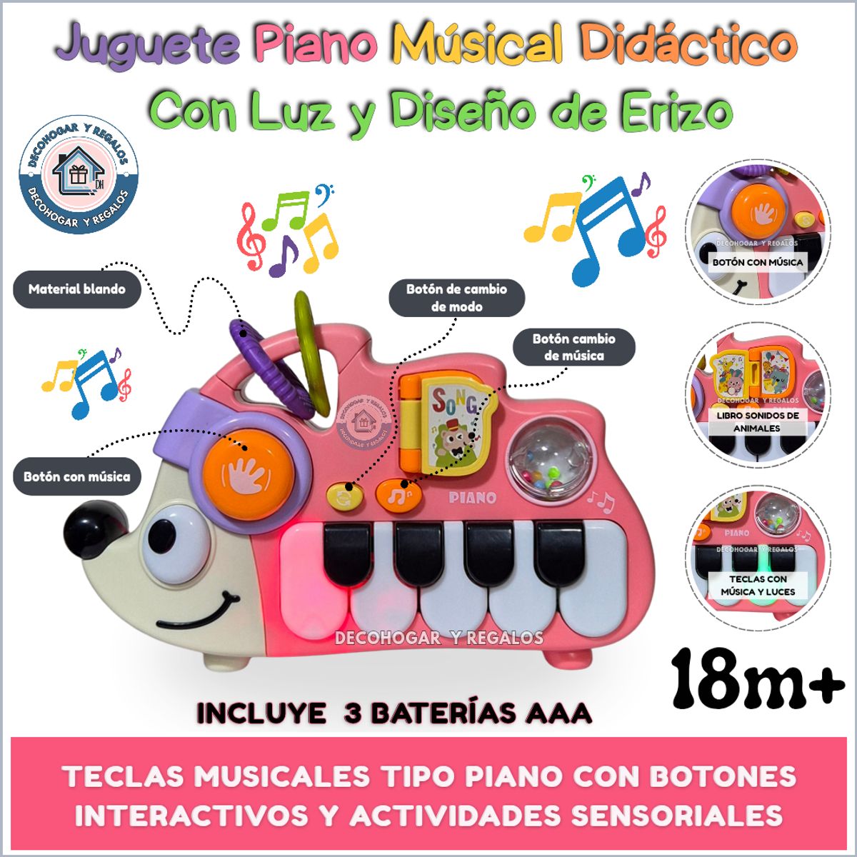 GENERICO - Juguete Didáctico Piano Musical Para Bebés Con Luz Teclado de Erizo