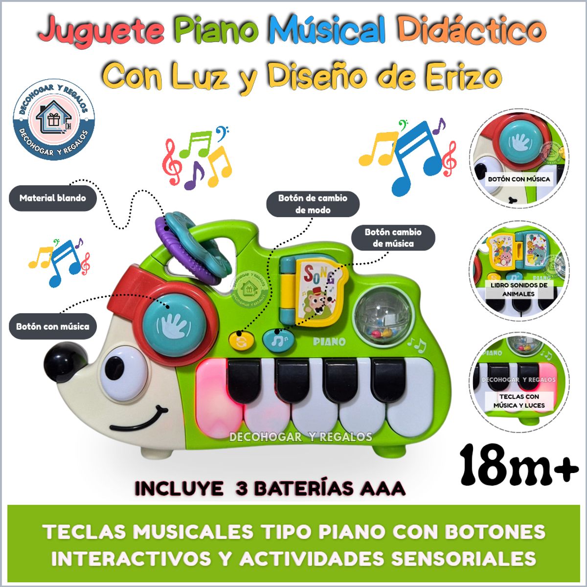 GENERICO - Juguete Didáctico Piano Musical Para Bebés Con Luz Teclado de Erizo