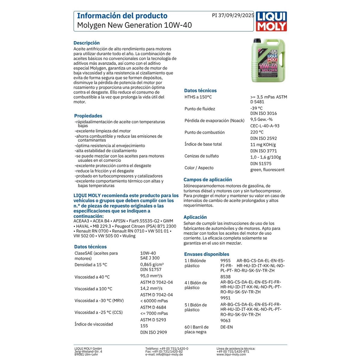 LIQUI MOLY - Lubricante Motor Molygen New Generation 10w40 Liqui Moly 5 L