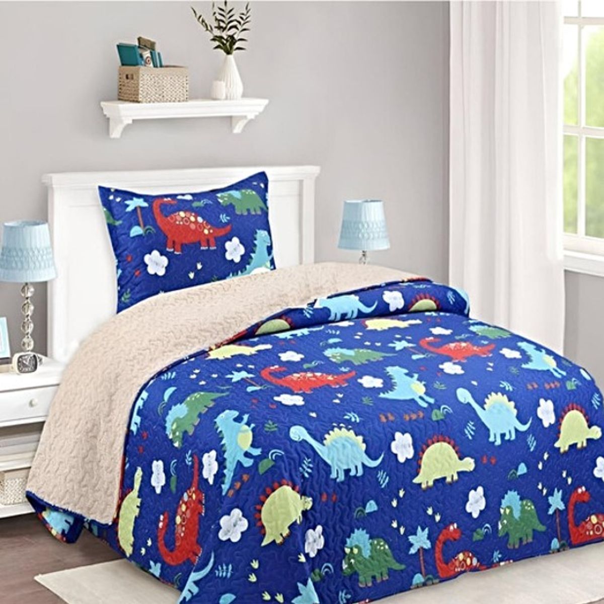 GENERICO - CUBRECAMA QUILT DE VERANO DELGADO DISEÑO INFANTIL DINOSAURIO 1.5 PLAZA