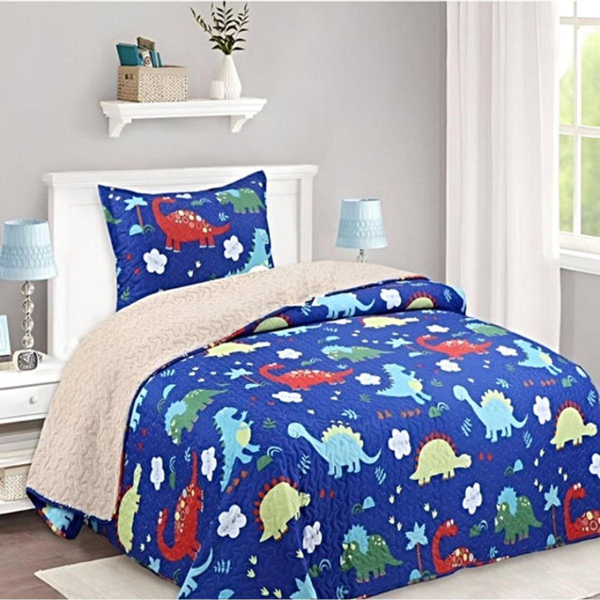 GENERICO - CUBRECAMA QUILT DE VERANO DELGADO DISEÑO INFANTIL DINOSAURIO 1.5 PLAZA