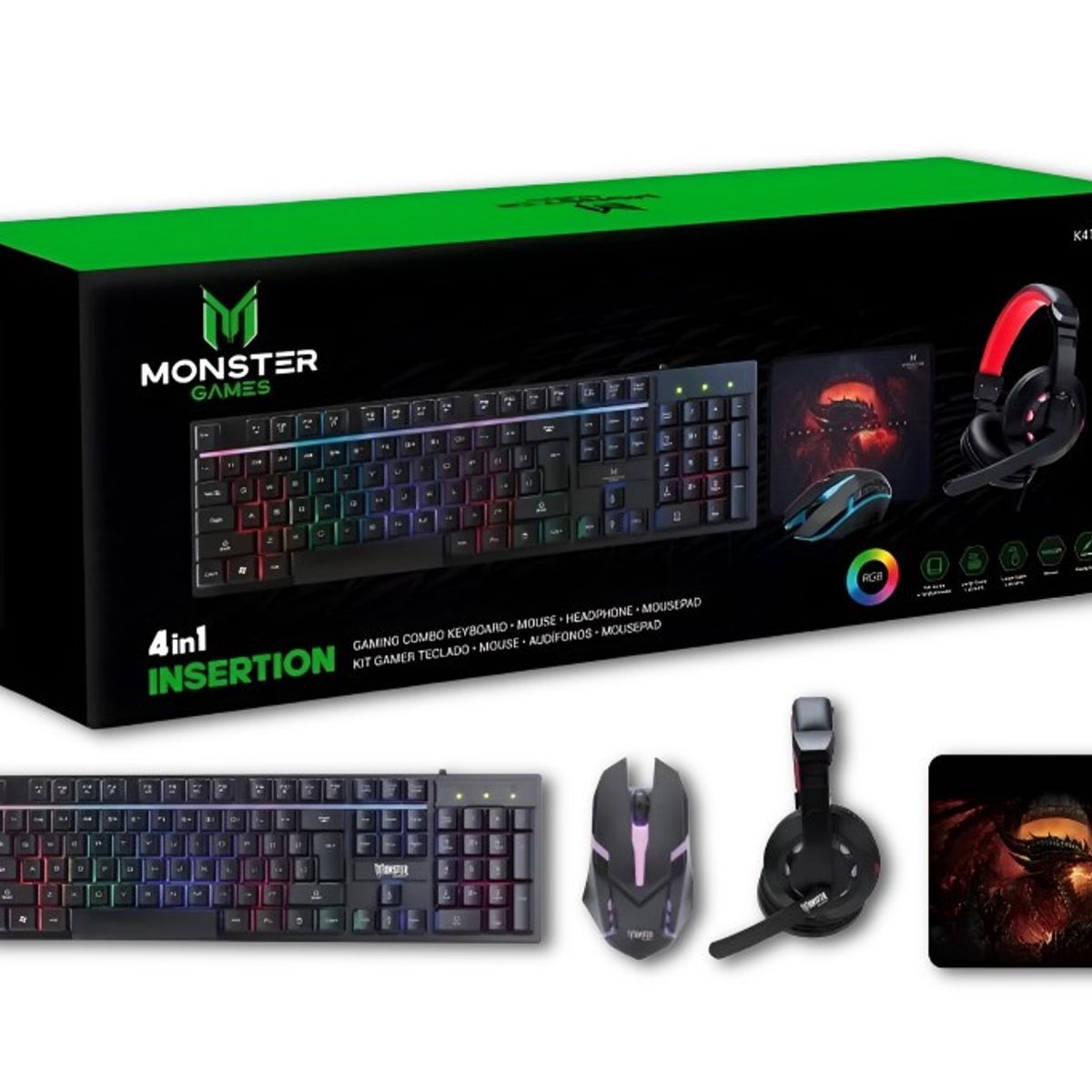 MONSTER - KIT GAMER CREW INSERTION TECLADO MOUSE AUDIFONOS Y MOUSEPAD K4125