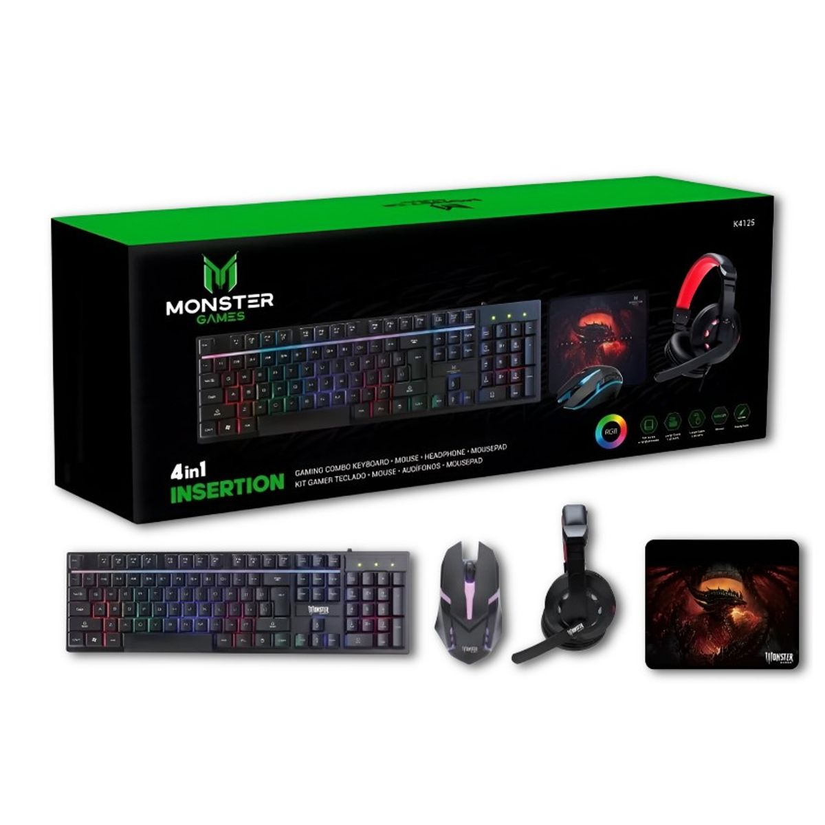 MONSTER - KIT GAMER CREW INSERTION TECLADO MOUSE AUDIFONOS Y MOUSEPAD K4125