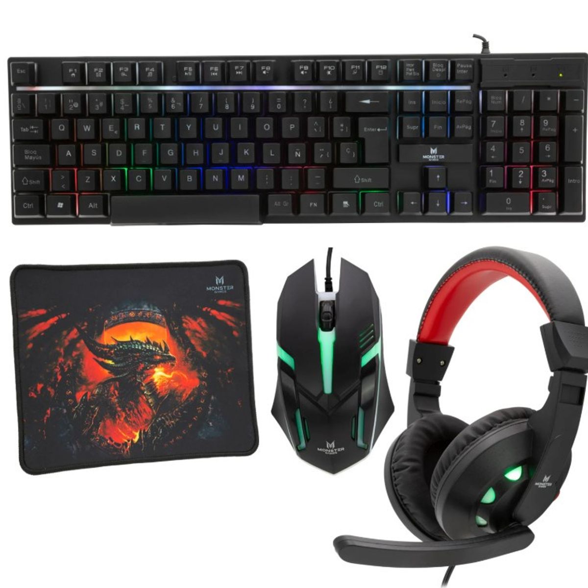 MONSTER - KIT GAMER CREW INSERTION TECLADO MOUSE AUDIFONOS Y MOUSEPAD K4125