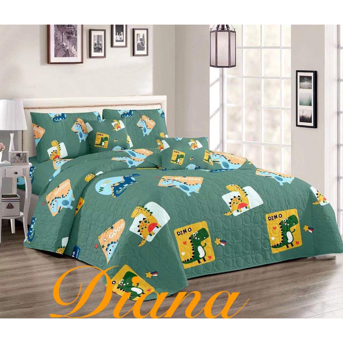 GENERICO - CUBRECAMA QUILT DE VERANO DELGADO DISEÑO INFANTIL VERDE DINO 1.5 PLAZA